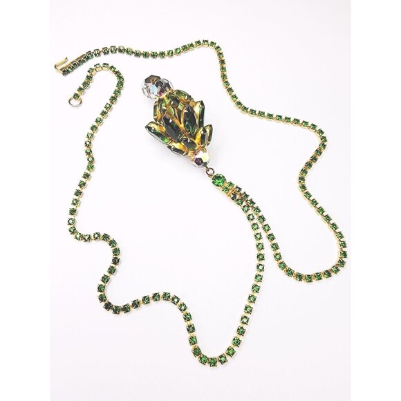 Gold Tone Green Rhinestone Chain Necklace With Rhinestone Pendant – 24” Long - Picture 2 of 6